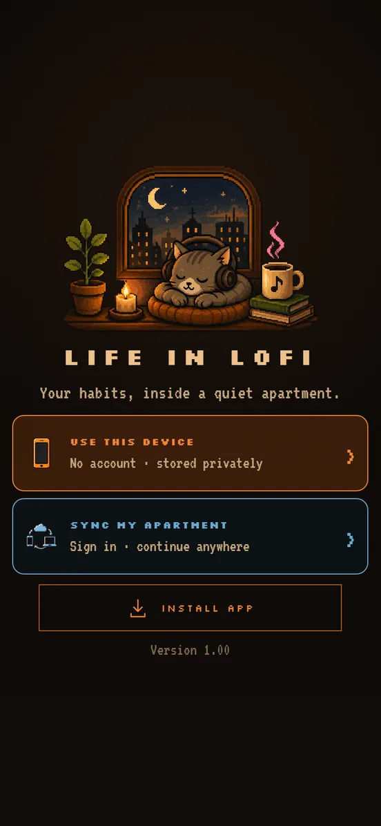 The Life in Lofi first screen: use this device, or sync your apartment.