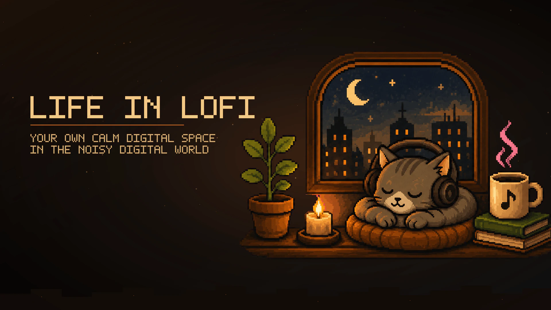 A pixel-art apartment window at night: a cat in headphones asleep by a moonlit window, a candle, a plant, books and a mug of coffee.